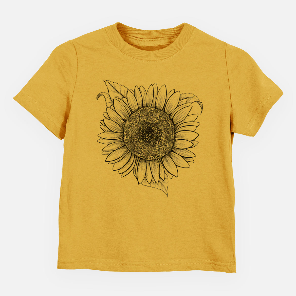 Honeycomb yellow toddler t-shirt laid flat, printed with a detailed black ink line drawing of a Lemon Queen sunflower in bloom.