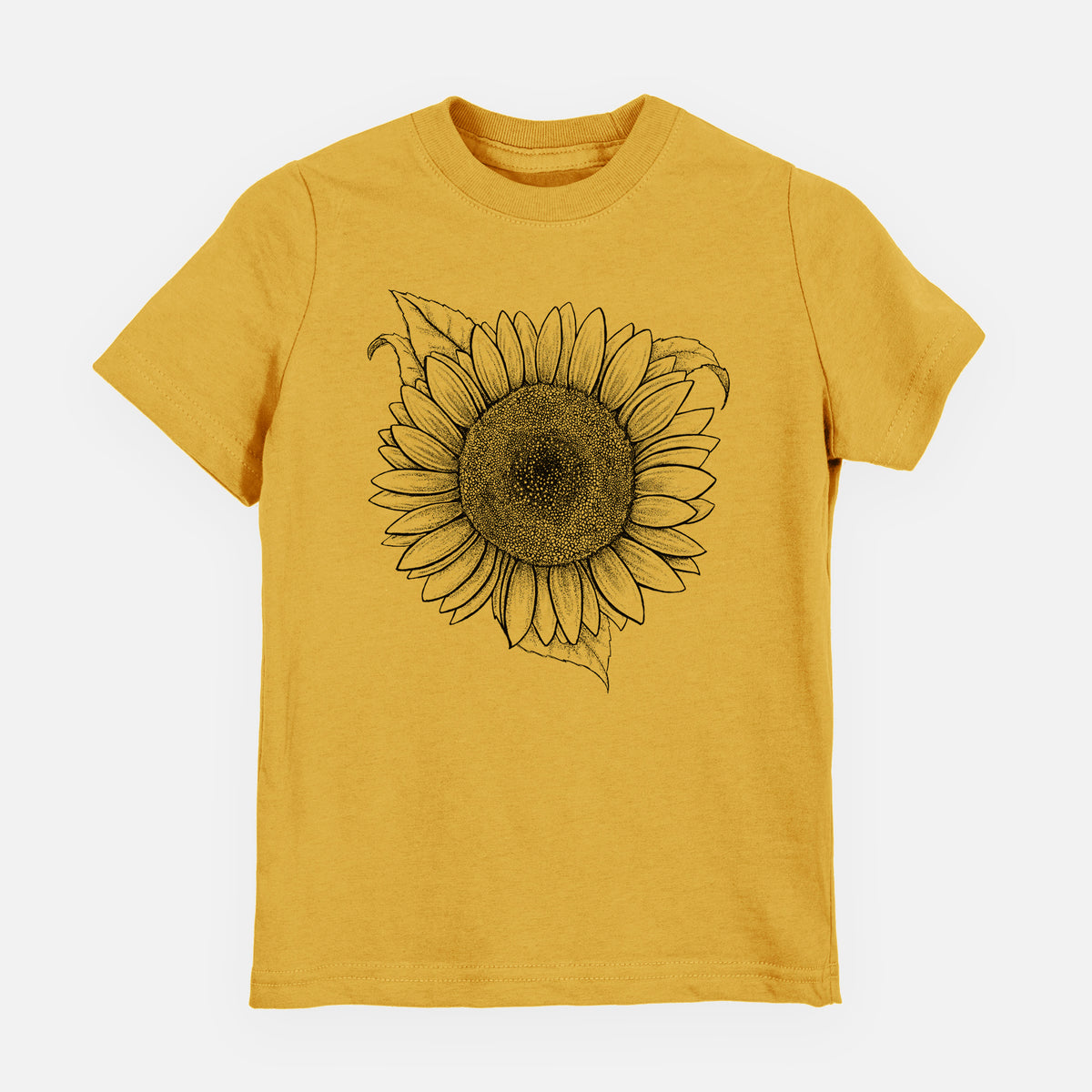 Honeycomb yellow youth t-shirt laid flat, printed with a detailed black ink line drawing of a Lemon Queen sunflower in bloom.