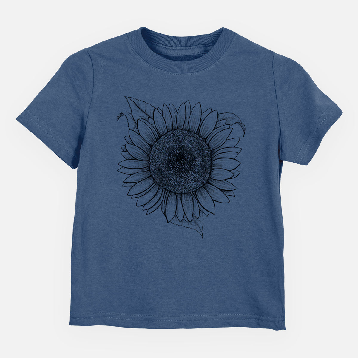 Indigo blue toddler t-shirt laid flat, printed with a detailed black ink line drawing of a Lemon Queen sunflower in bloom.