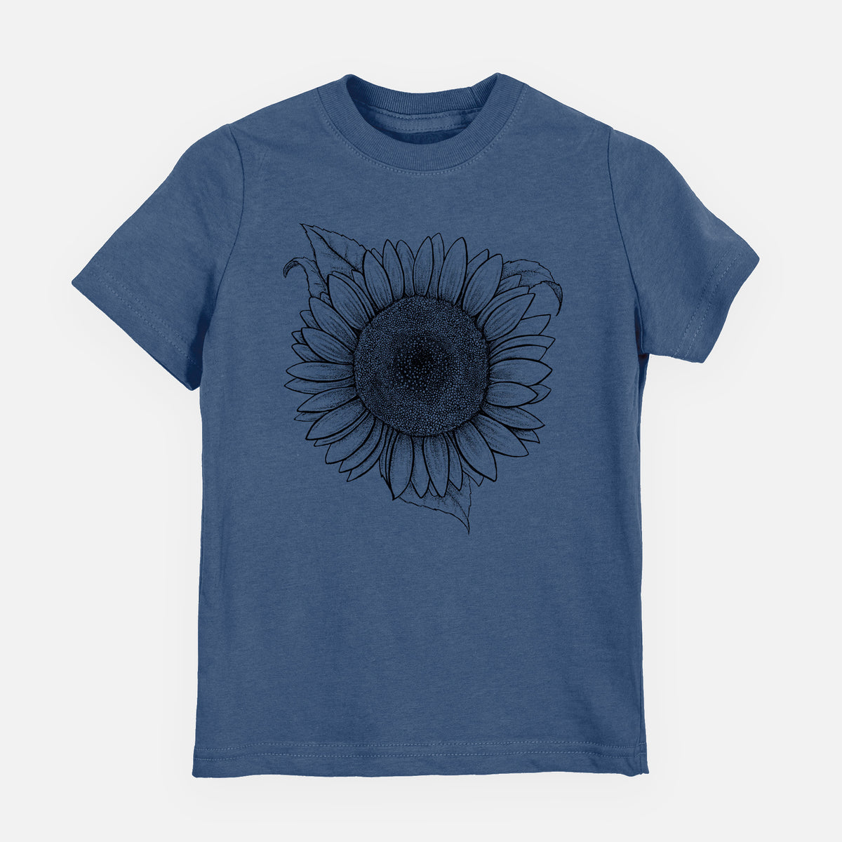Indigo blue youth t-shirt laid flat, printed with a detailed black ink line drawing of a Lemon Queen sunflower in bloom.