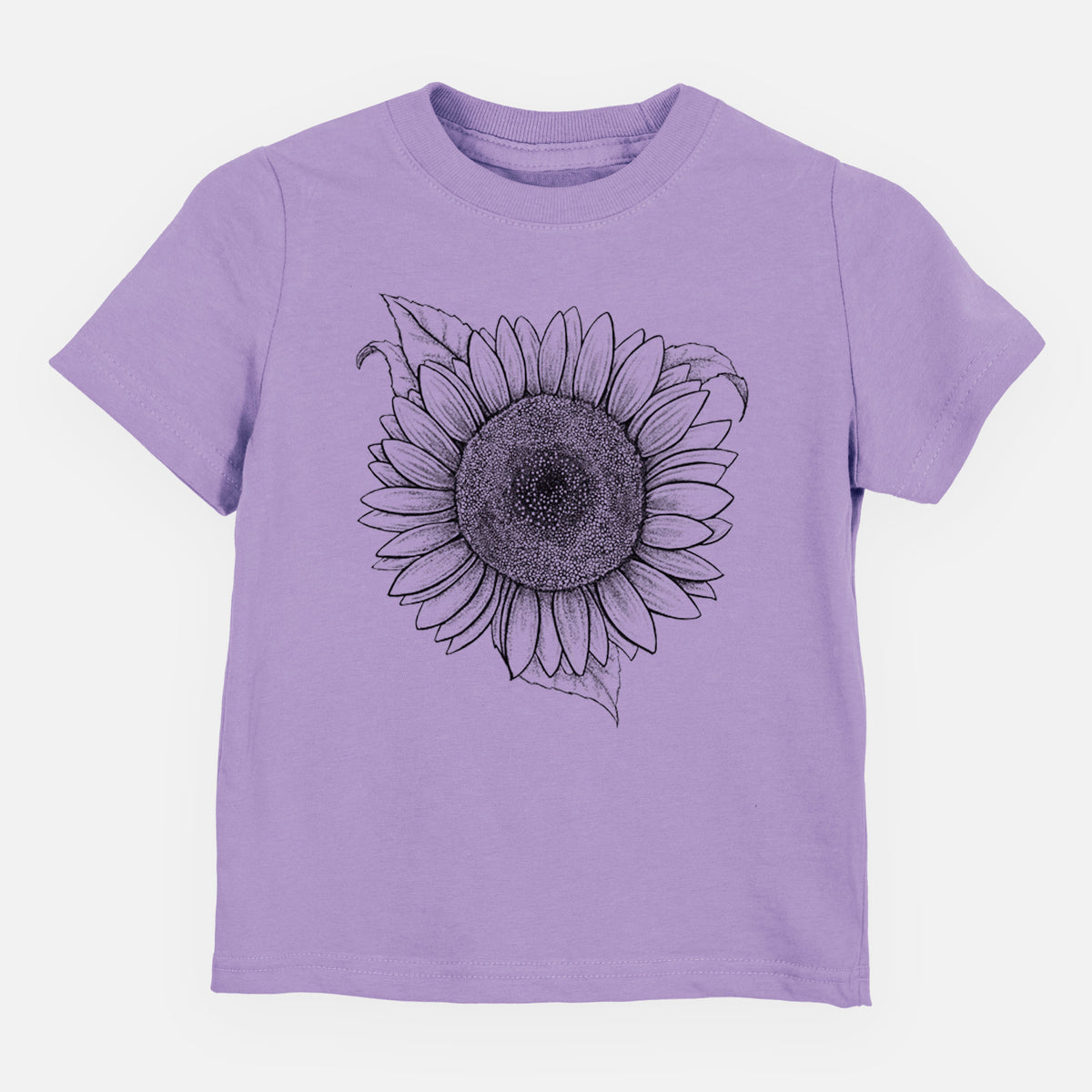 Lavender toddler t-shirt laid flat, printed with a detailed black ink line drawing of a Lemon Queen sunflower in bloom.