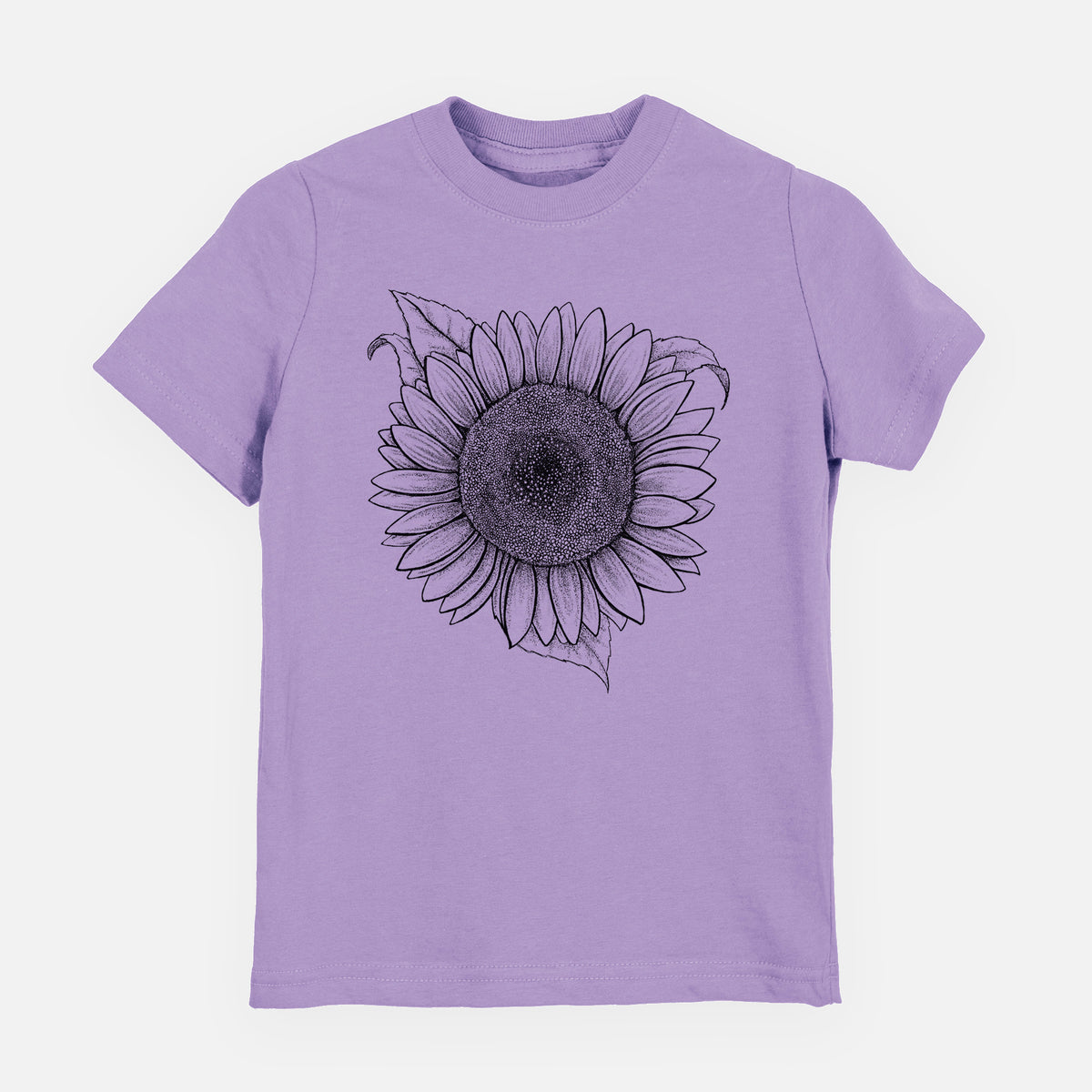 Lavender youth t-shirt laid flat, printed with a detailed black ink line drawing of a Lemon Queen sunflower in bloom.