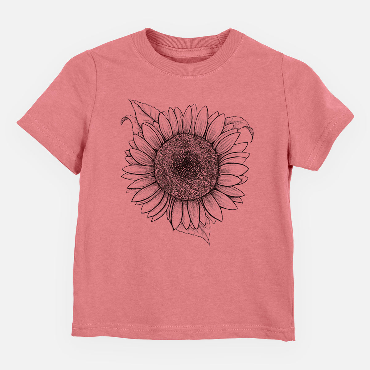 Mauve pink toddler t-shirt laid flat, printed with a detailed black ink line drawing of a Lemon Queen sunflower in bloom.
