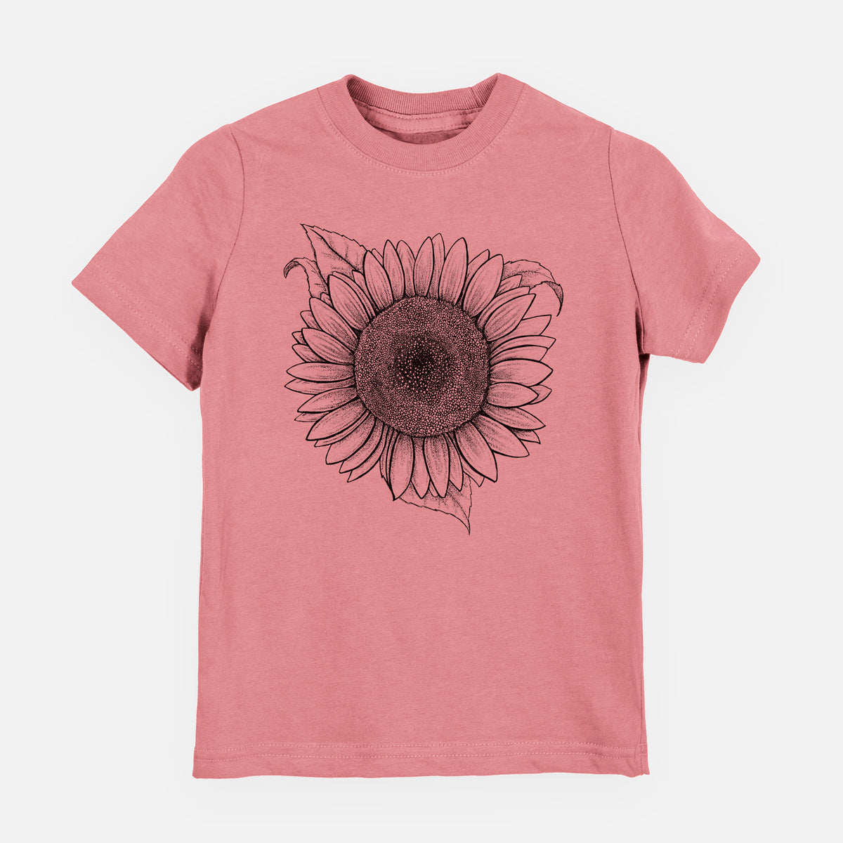 Mauve pink youth t-shirt laid flat, printed with a detailed black ink line drawing of a Lemon Queen sunflower in bloom.