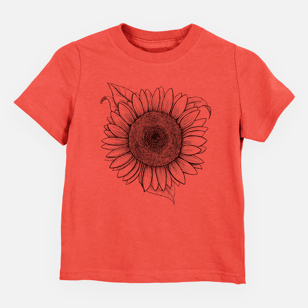 Passionfruit pink toddler t-shirt laid flat, printed with a detailed black ink line drawing of a Lemon Queen sunflower in bloom.