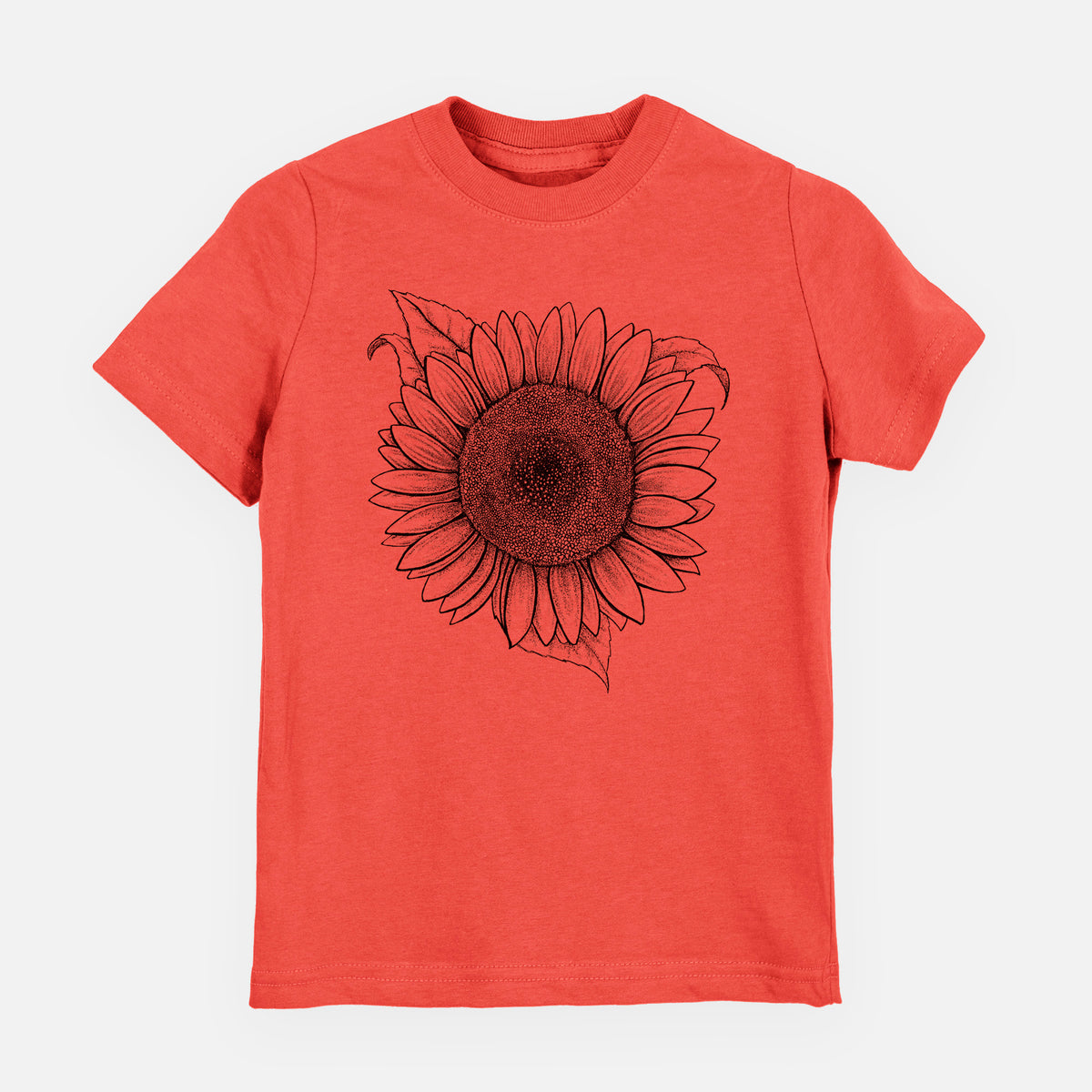 Passionfruit pink youth t-shirt laid flat, printed with a detailed black ink line drawing of a Lemon Queen sunflower in bloom.