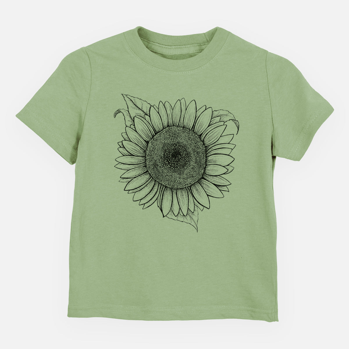 Sage green toddler t-shirt laid flat, printed with a detailed black ink line drawing of a Lemon Queen sunflower in bloom.
