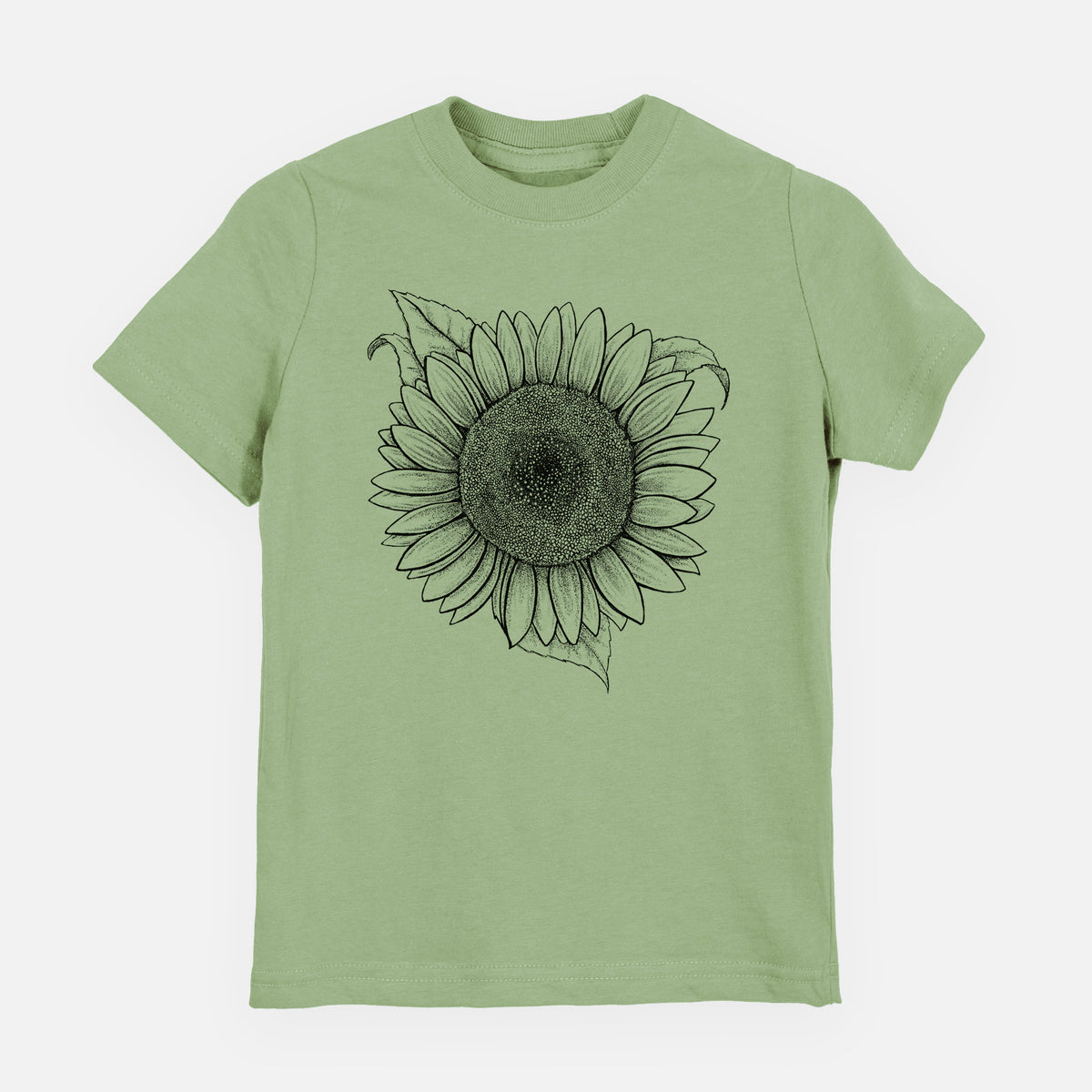 Sage green youth t-shirt laid flat, printed with a detailed black ink line drawing of a Lemon Queen sunflower in bloom.