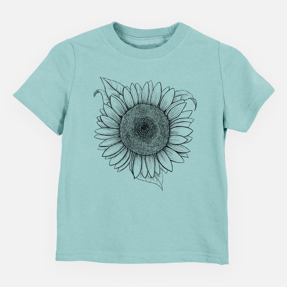 Saltwater toddler t-shirt laid flat, printed with a detailed black ink line drawing of a Lemon Queen sunflower in bloom.