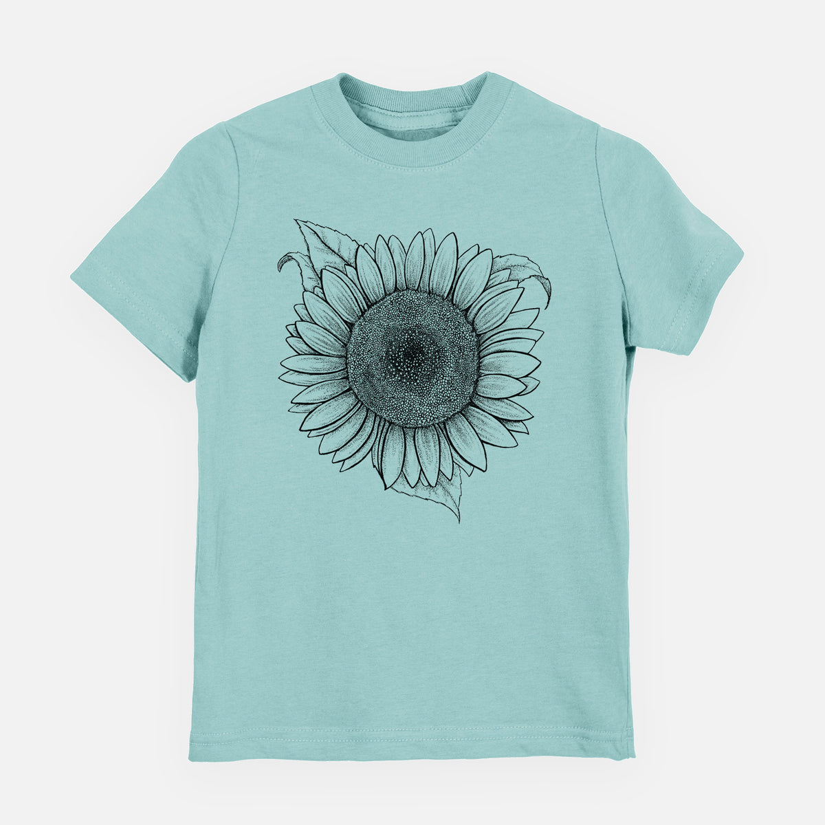 Saltwater youth t-shirt laid flat, printed with a detailed black ink line drawing of a Lemon Queen sunflower in bloom.
