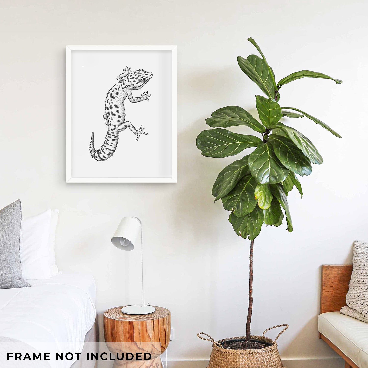 Art print of a detailed black ink illustration of a spotted leopard gecko climbing, shown with eucalyptus leaves.