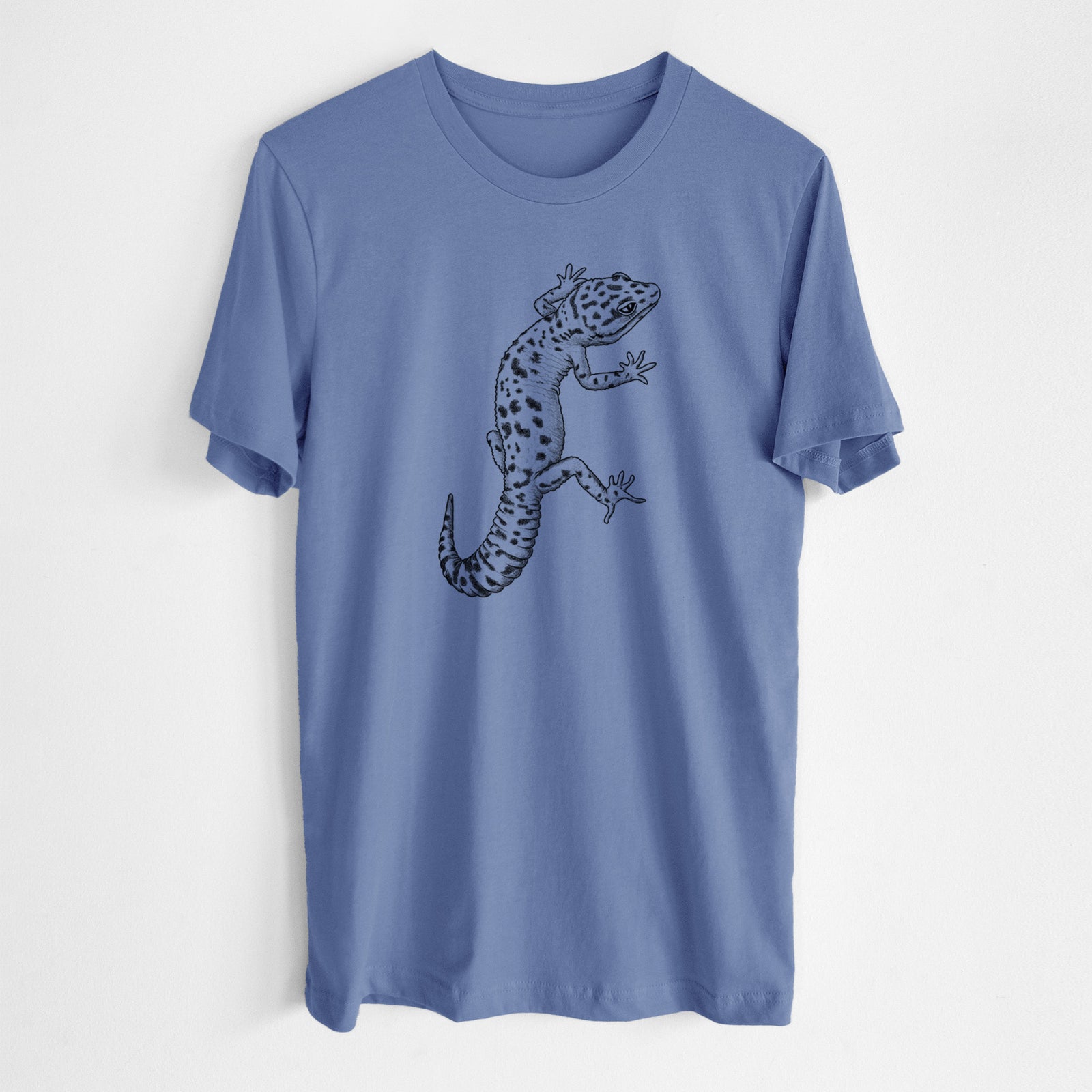 Blue bell lightweight cotton t-shirt laid flat, printed with a detailed black ink illustration of a spotted leopard gecko climbing.