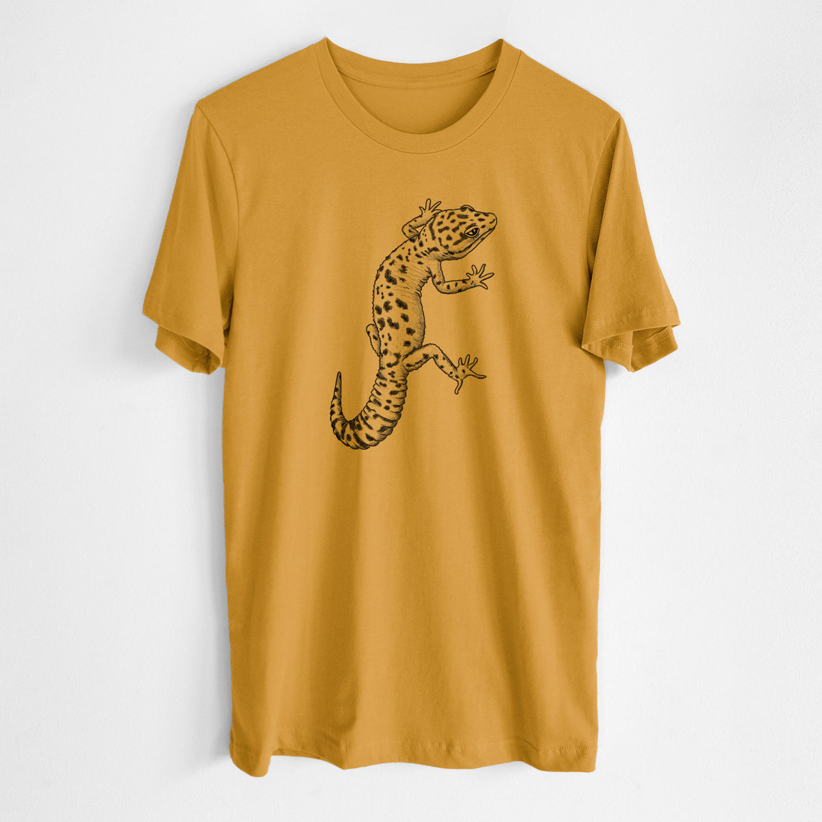 Honeycomb yellow lightweight cotton t-shirt laid flat, printed with a detailed black ink illustration of a spotted leopard gecko climbing.