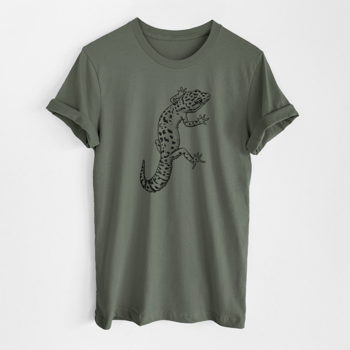 Military green lightweight cotton t-shirt laid flat, printed with a detailed black ink illustration of a spotted leopard gecko climbing.
