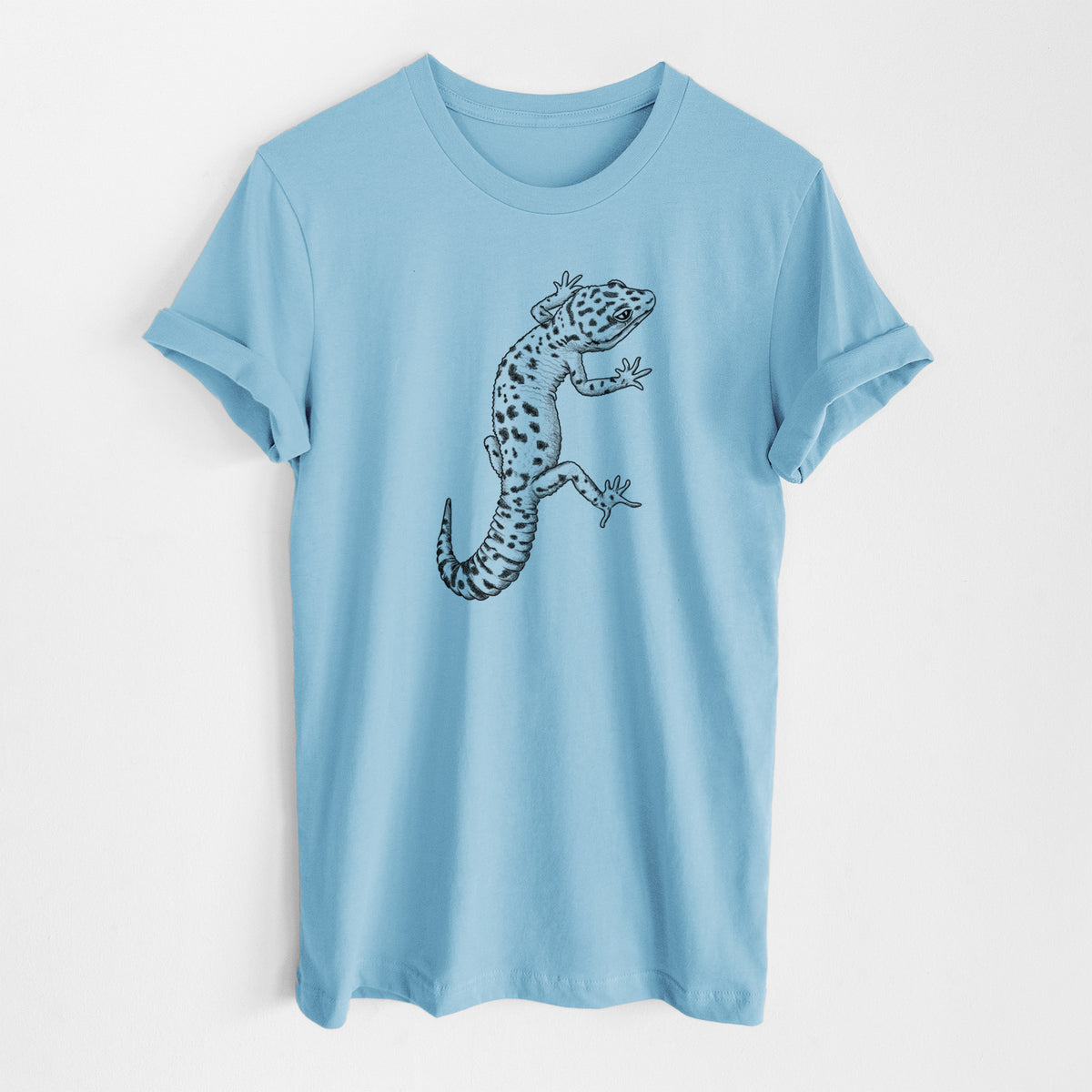 Ocean blue lightweight cotton t-shirt laid flat, printed with a detailed black ink illustration of a spotted leopard gecko climbing.