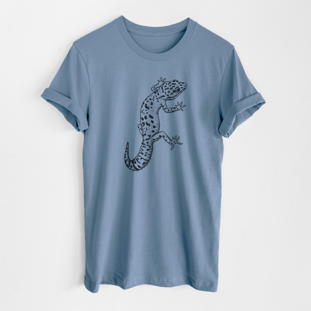 Steel blue lightweight cotton t-shirt laid flat, printed with a detailed black ink illustration of a spotted leopard gecko climbing.