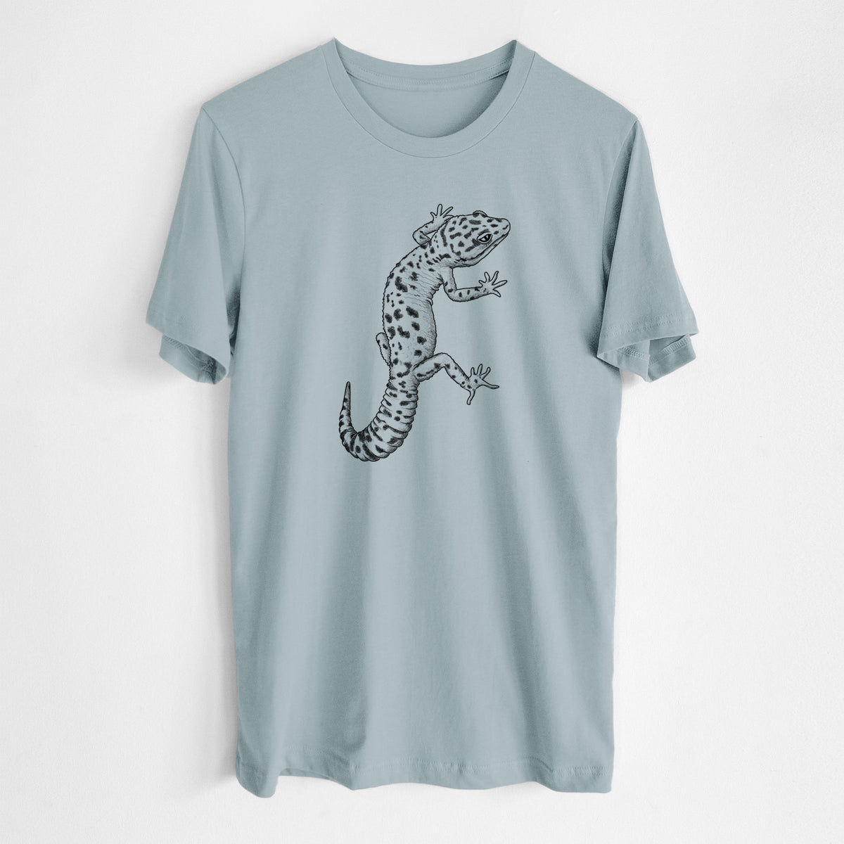 Vintage denim lightweight cotton t-shirt laid flat, printed with a detailed black ink illustration of a spotted leopard gecko climbing.