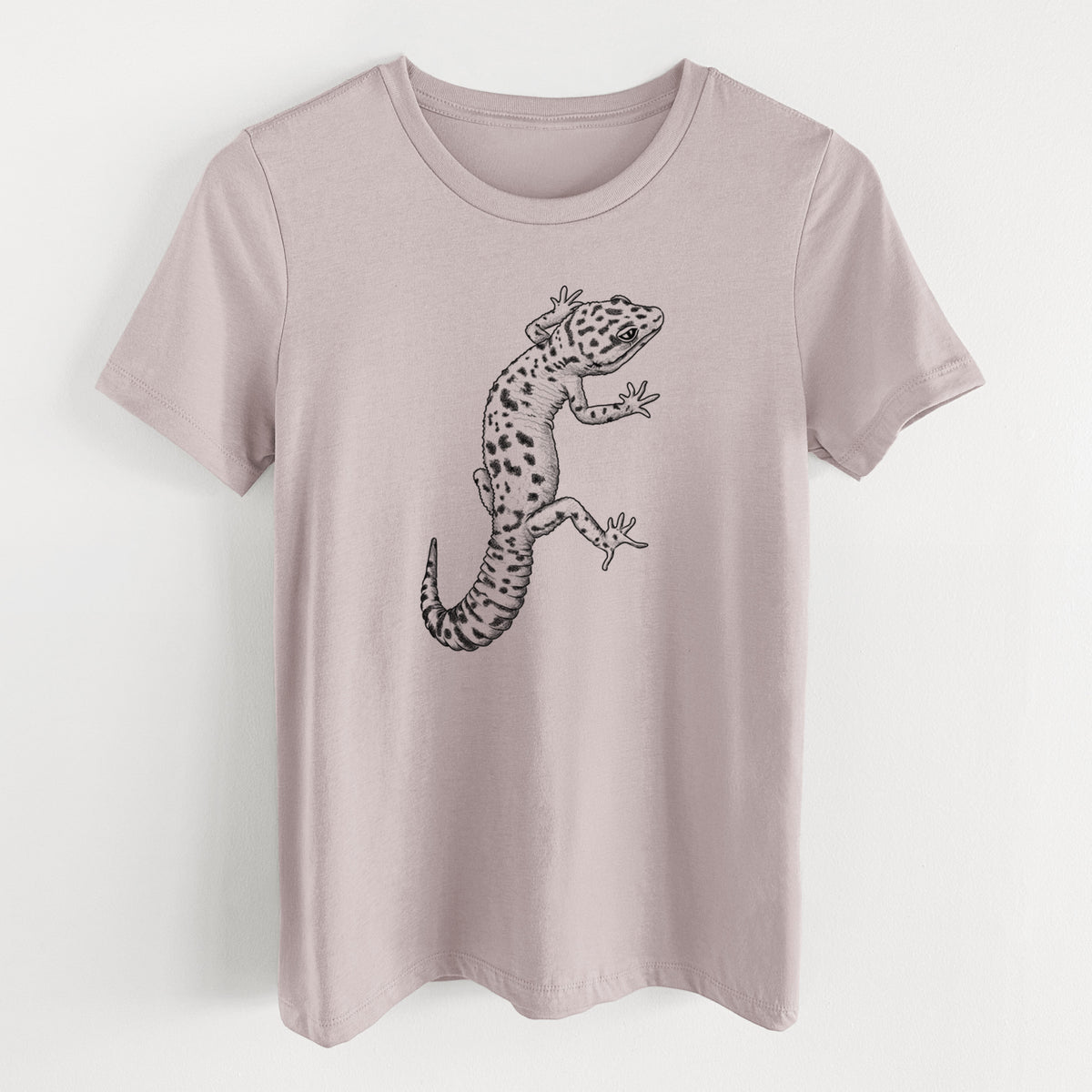 Pink gravel women's relaxed fit cotton t-shirt laid flat, printed with a detailed black ink illustration of a spotted leopard gecko climbing.