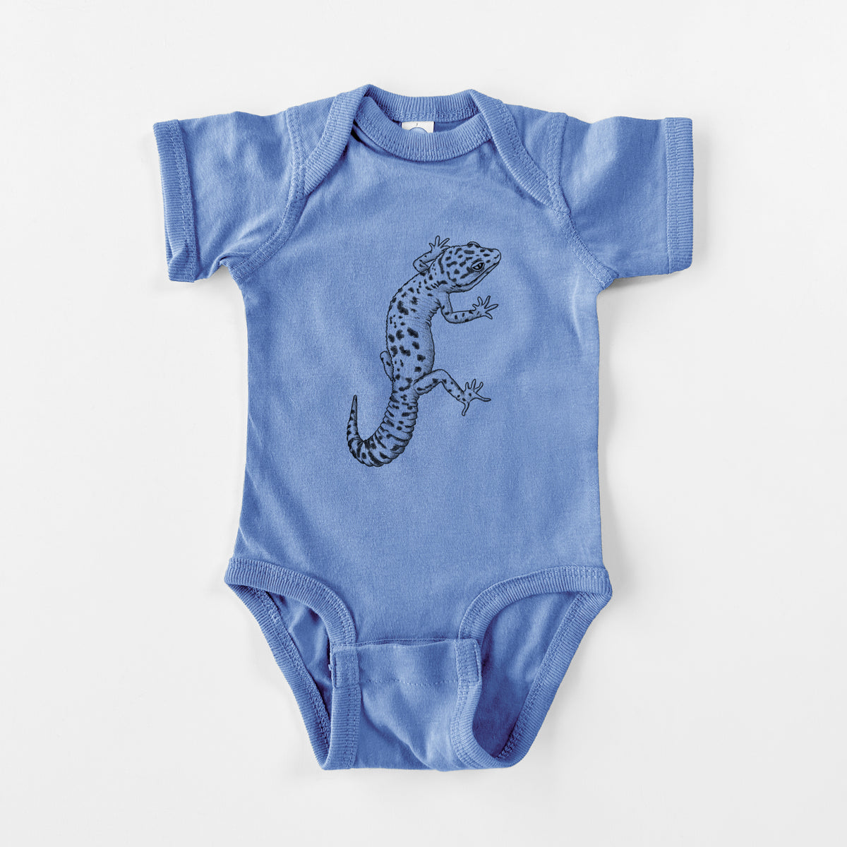 Carolina blue baby bodysuit laid flat, printed with a detailed black ink illustration of a spotted leopard gecko climbing.