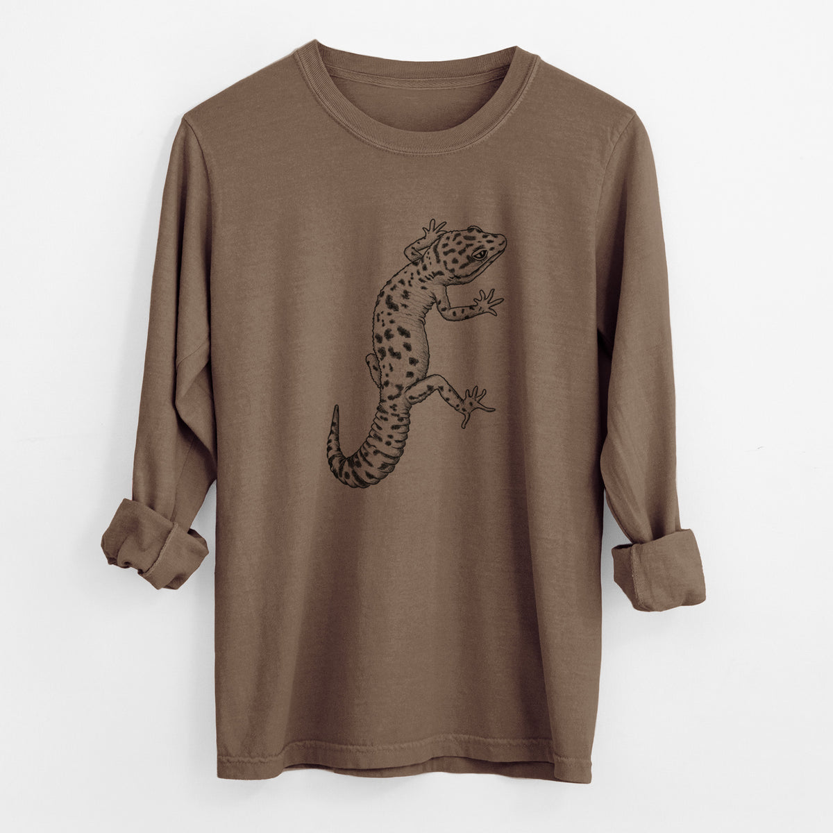 Espresso brown Comfort Colors long sleeve shirt laid flat with the cuffs rolled, printed with a detailed black ink illustration of a spotted leopard gecko climbing.