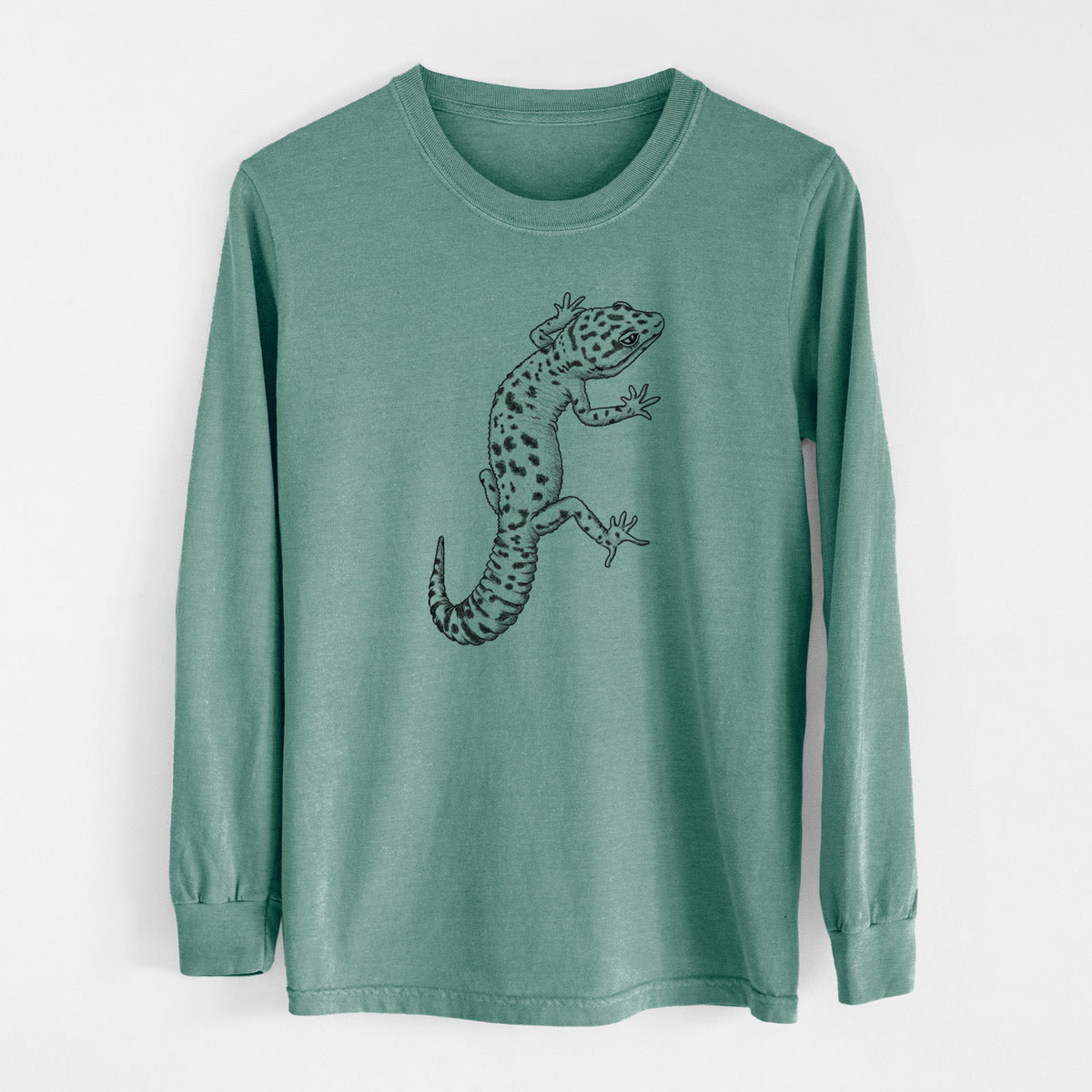 Pine green Comfort Colors long sleeve shirt laid flat, printed with a detailed black ink illustration of a spotted leopard gecko climbing.
