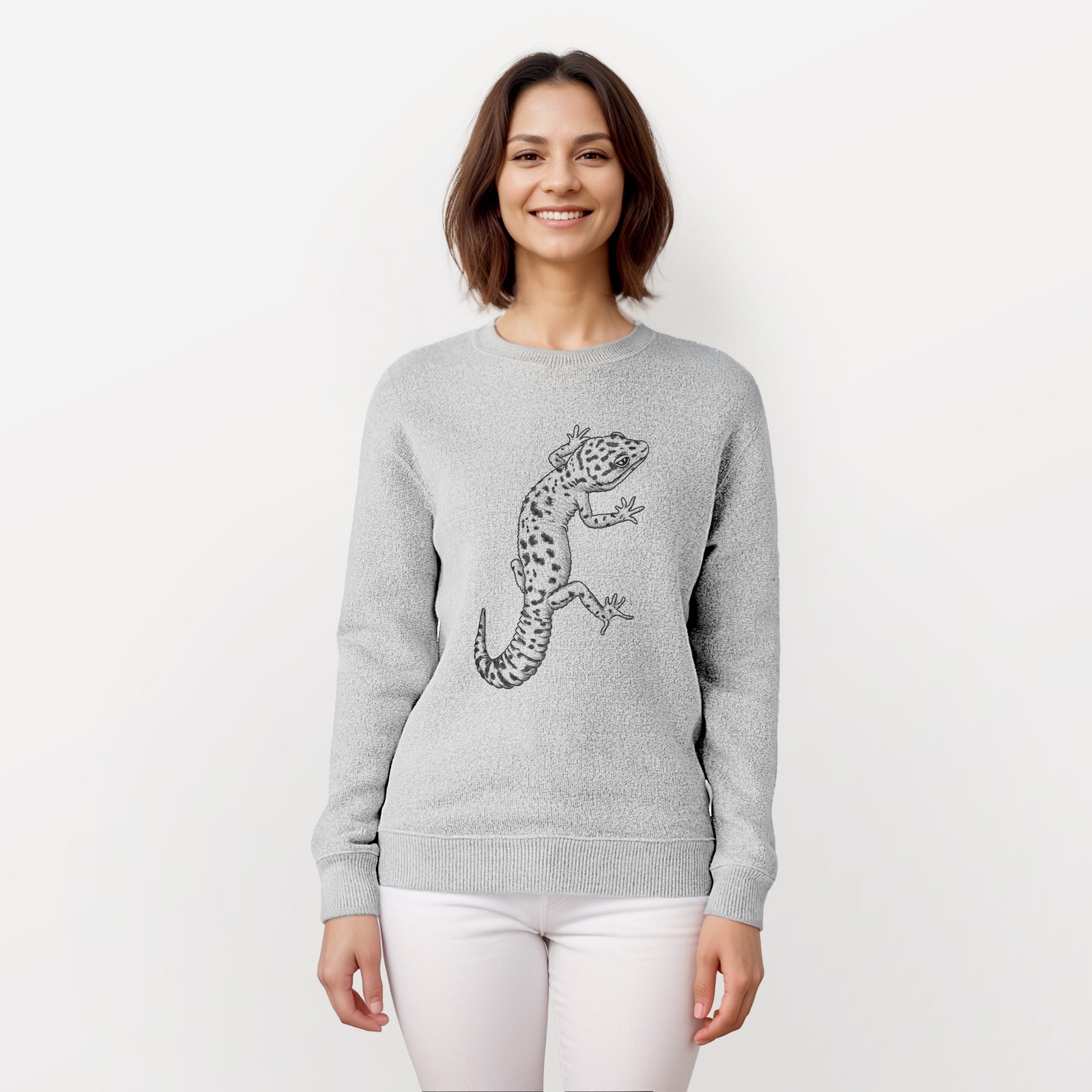 Salt and pepper knit sweatshirt laid flat, printed with a detailed black ink illustration of a spotted leopard gecko climbing.