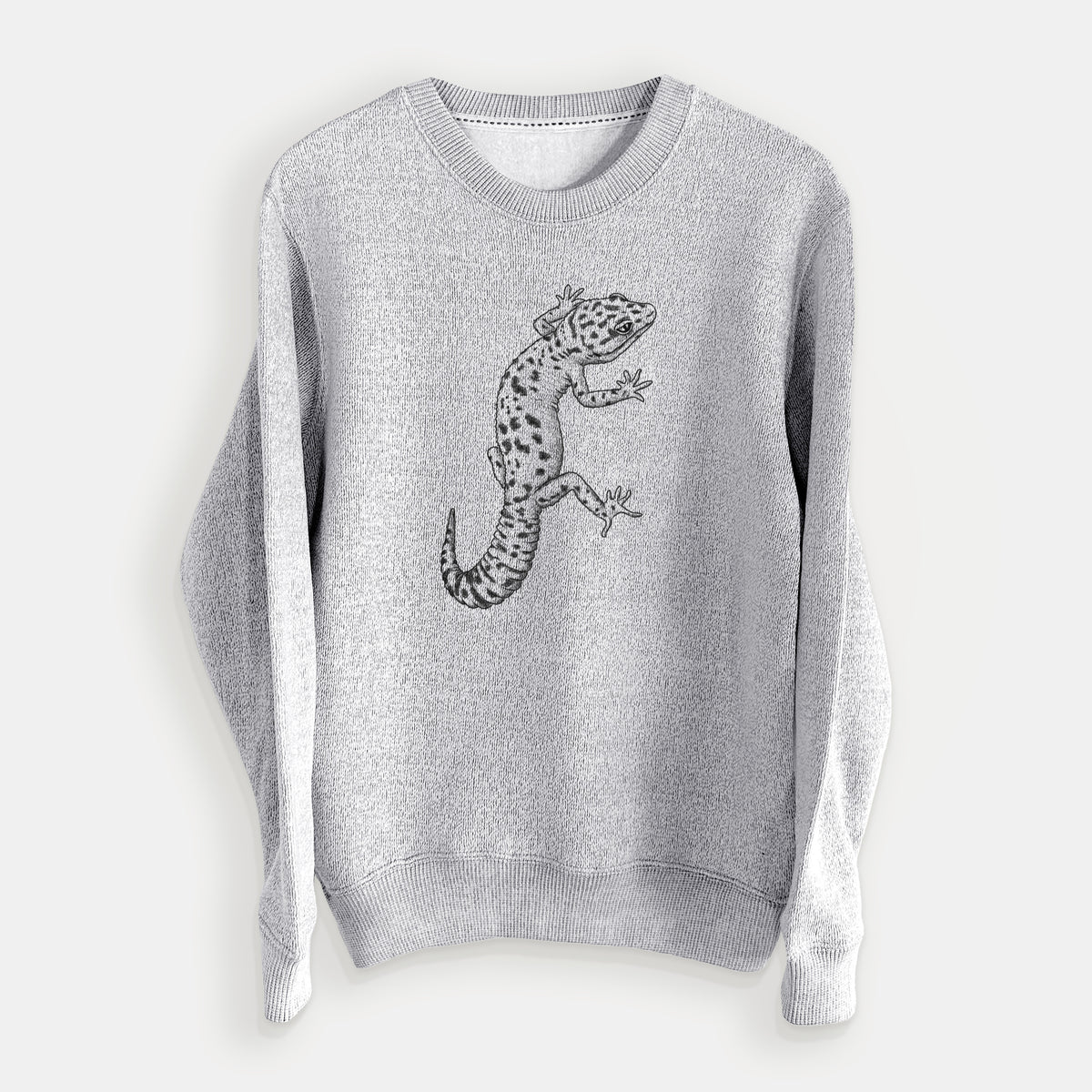 Salt and pepper knit sweatshirt laid flat, printed with a detailed black ink illustration of a spotted leopard gecko climbing.