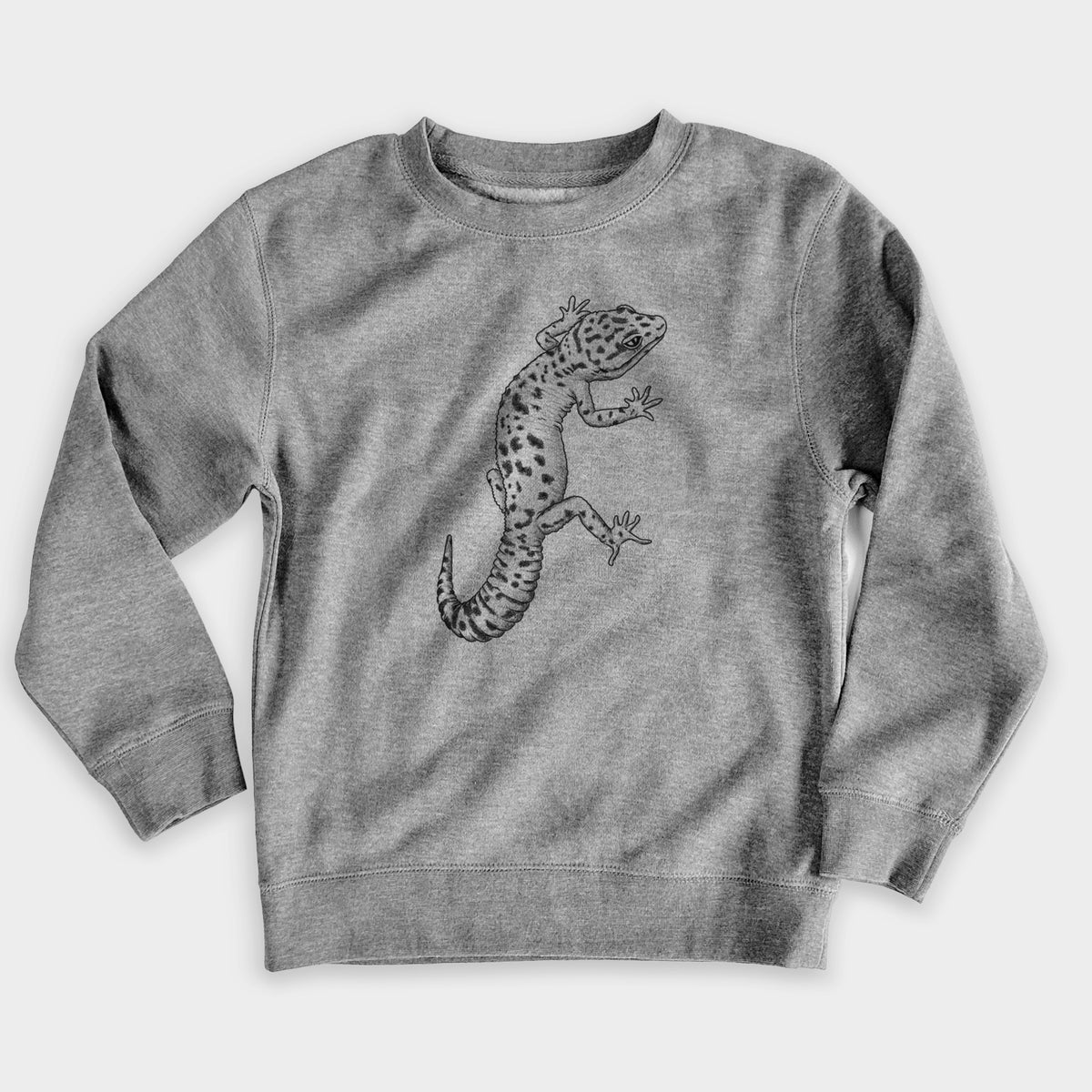 Nickel grey youth crewneck sweatshirt laid flat, printed with a detailed black ink illustration of a spotted leopard gecko climbing.