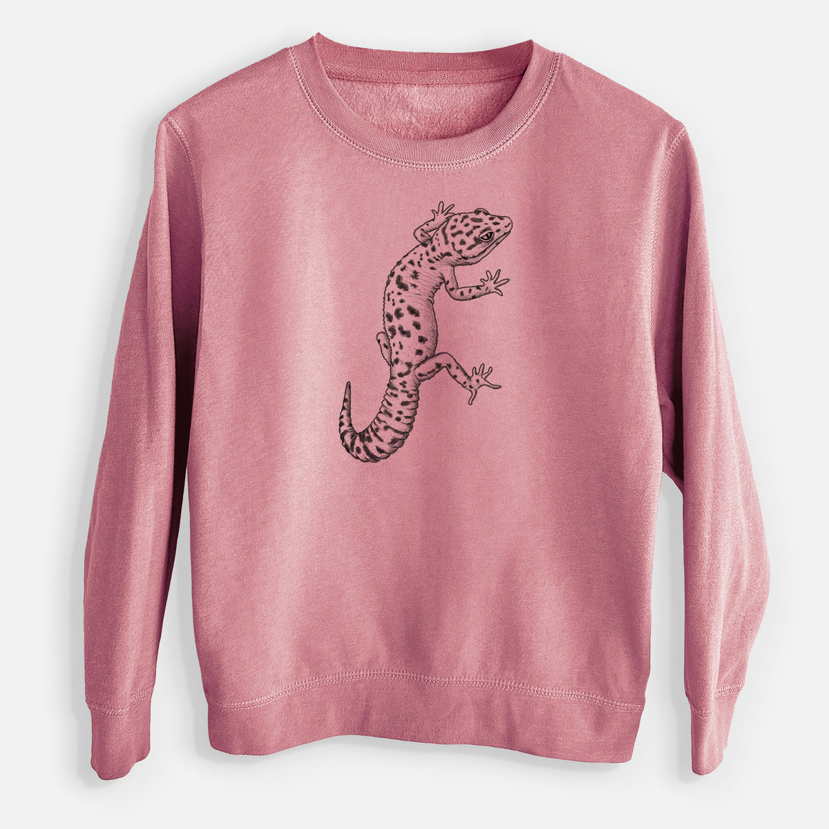 Mauve pink youth crewneck sweatshirt laid flat, printed with a detailed black ink illustration of a spotted leopard gecko climbing.