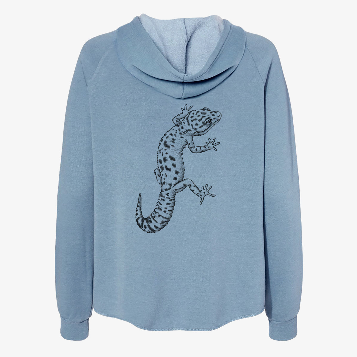 Misty blue women's Cali Wave zip-up sweatshirt laid flat, printed with a detailed black ink illustration of a spotted leopard gecko climbing.