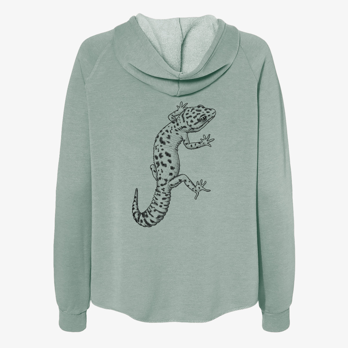 Sage green women's Cali Wave zip-up sweatshirt laid flat, printed with a detailed black ink illustration of a spotted leopard gecko climbing.