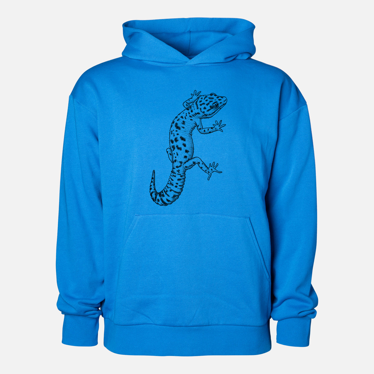 Eublepharis macularius - Leopard Gecko - Statement Midweight Hoodie in Azure Blue, shown from the front with the design printed on the chest above a front kangaroo pocket.