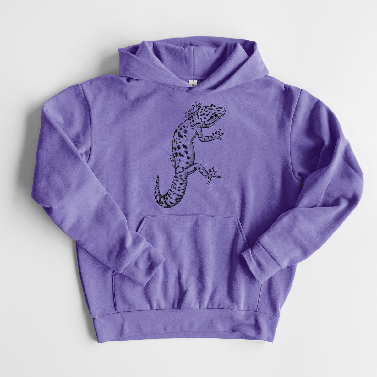 Eublepharis macularius - Leopard Gecko - Statement Midweight Hoodie in Violet, laid flat, showing the oversized boxy fit and front kangaroo pocket.