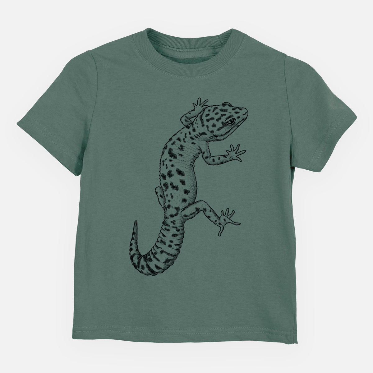 Basil green toddler t-shirt laid flat, printed with a detailed black ink illustration of a spotted leopard gecko climbing.
