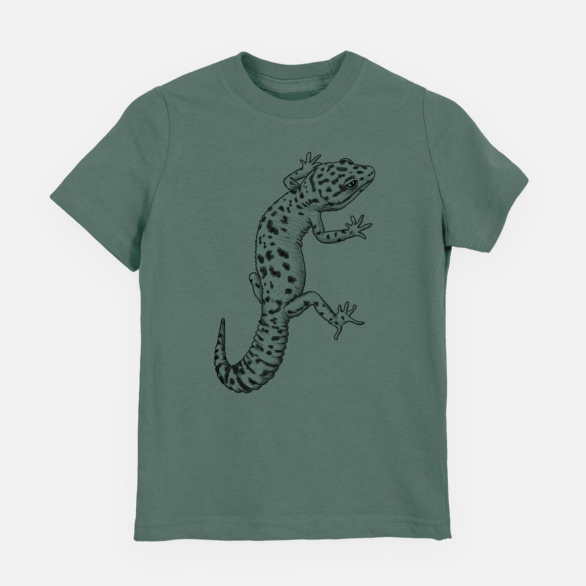 Basil green youth t-shirt laid flat, printed with a detailed black ink illustration of a spotted leopard gecko climbing.