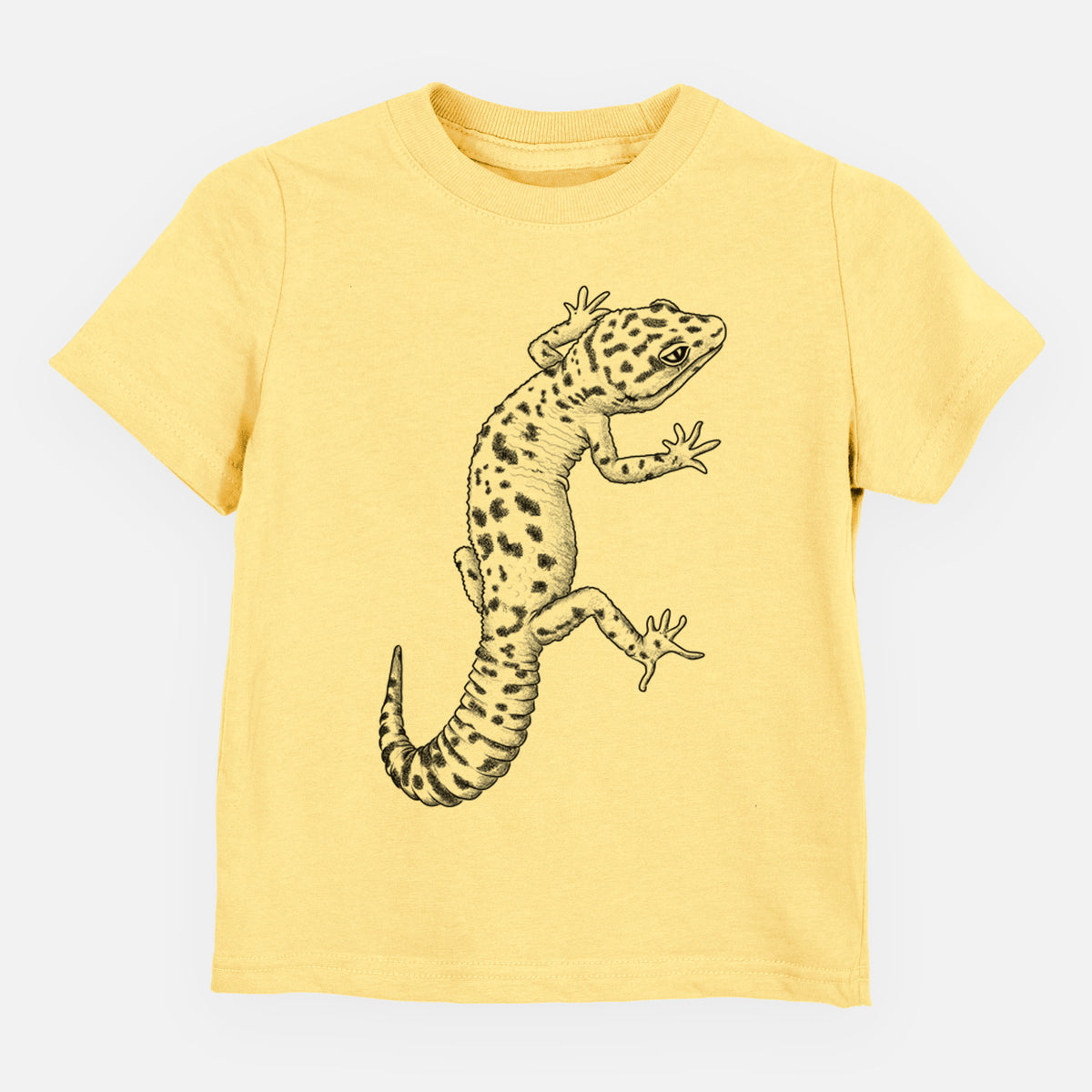 Butter yellow toddler t-shirt laid flat, printed with a detailed black ink illustration of a spotted leopard gecko climbing.