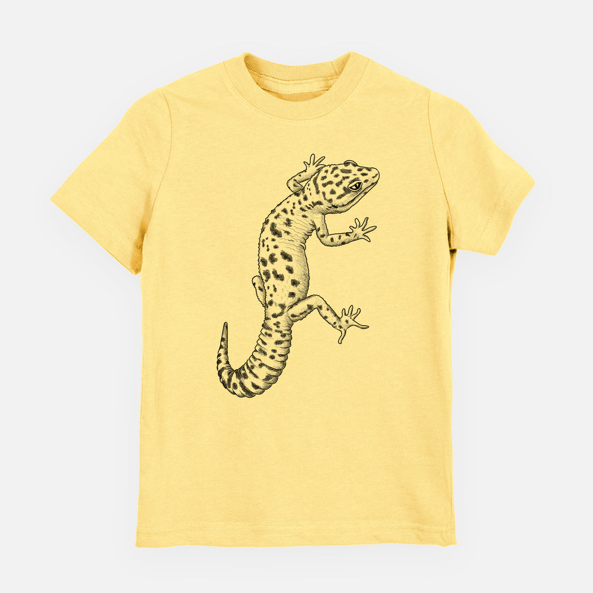 Butter yellow youth t-shirt laid flat, printed with a detailed black ink illustration of a spotted leopard gecko climbing.