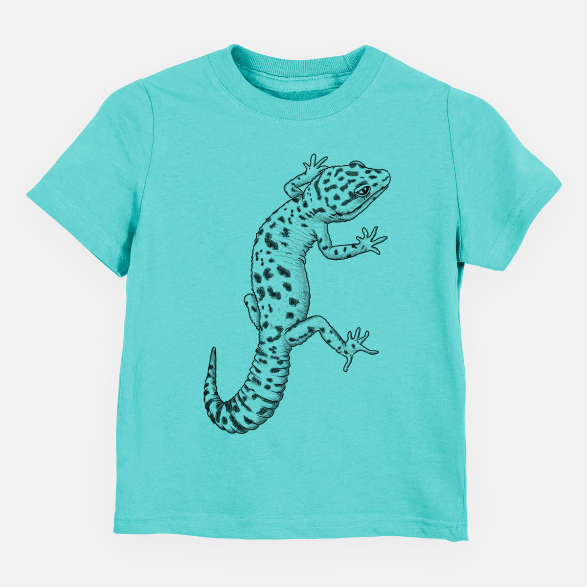 Caribbean blue toddler t-shirt laid flat, printed with a detailed black ink illustration of a spotted leopard gecko climbing.