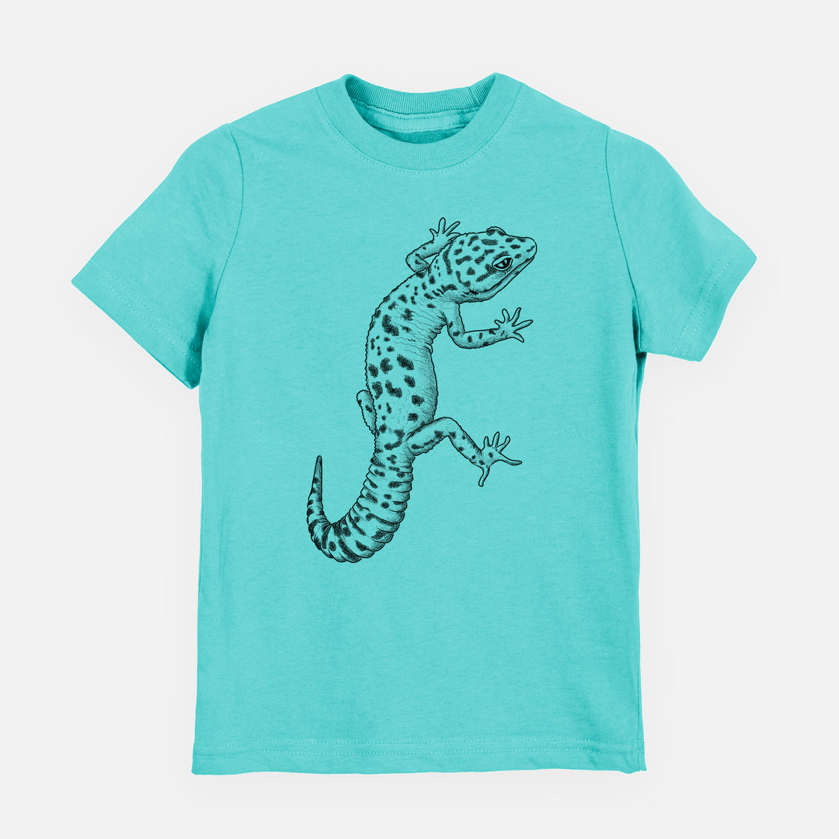 Caribbean blue youth t-shirt laid flat, printed with a detailed black ink illustration of a spotted leopard gecko climbing.