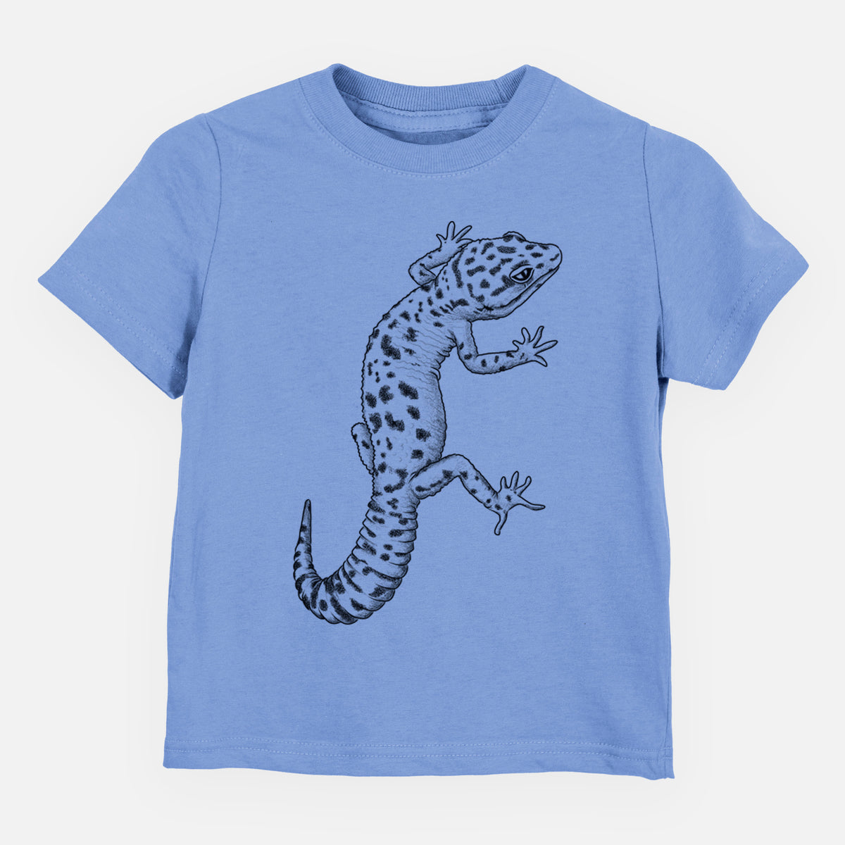 Carolina blue toddler t-shirt laid flat, printed with a detailed black ink illustration of a spotted leopard gecko climbing.