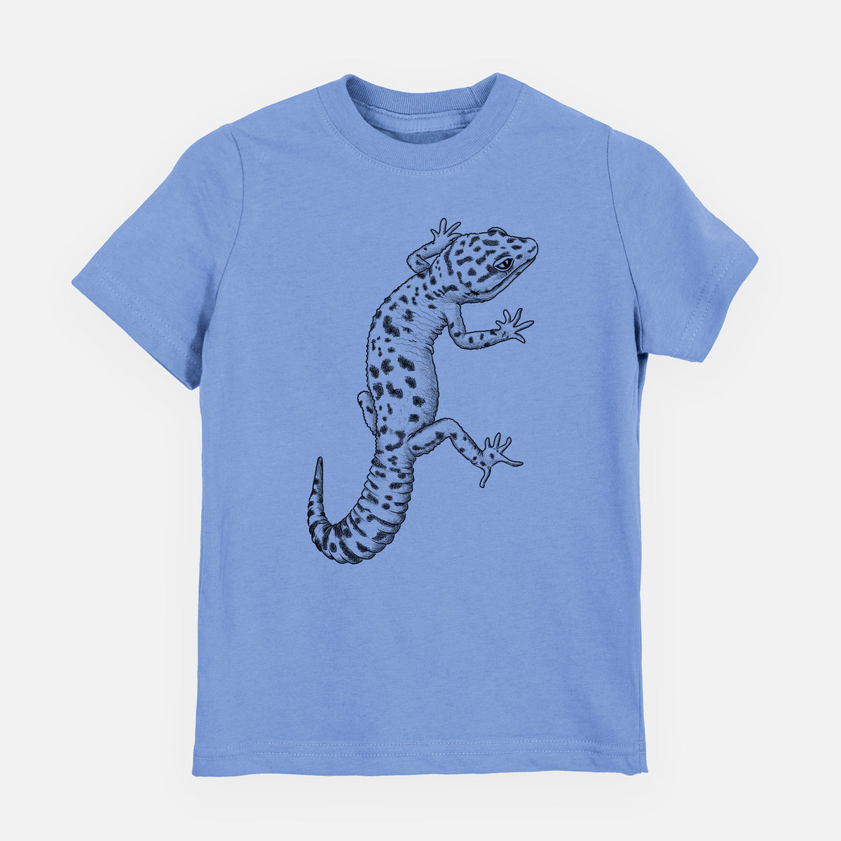 Carolina blue youth t-shirt laid flat, printed with a detailed black ink illustration of a spotted leopard gecko climbing.