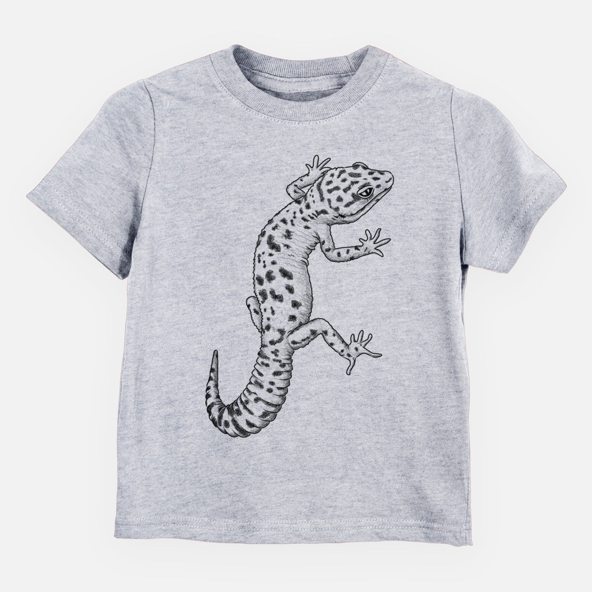 Heather grey toddler t-shirt laid flat, printed with a detailed black ink illustration of a spotted leopard gecko climbing.