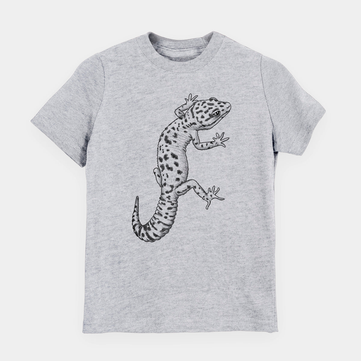 Heather grey youth t-shirt laid flat, printed with a detailed black ink illustration of a spotted leopard gecko climbing.