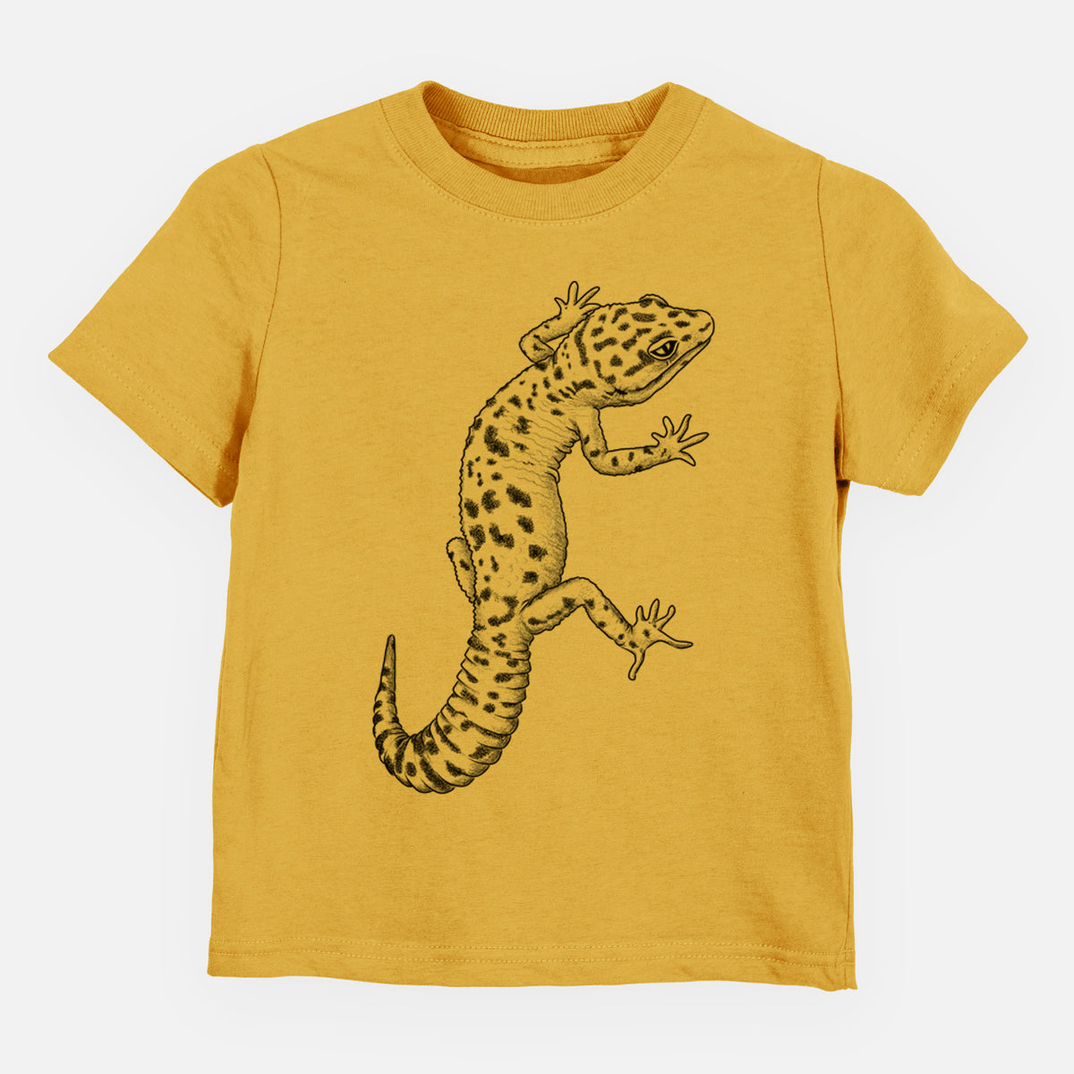 Honeycomb yellow toddler t-shirt laid flat, printed with a detailed black ink illustration of a spotted leopard gecko climbing.