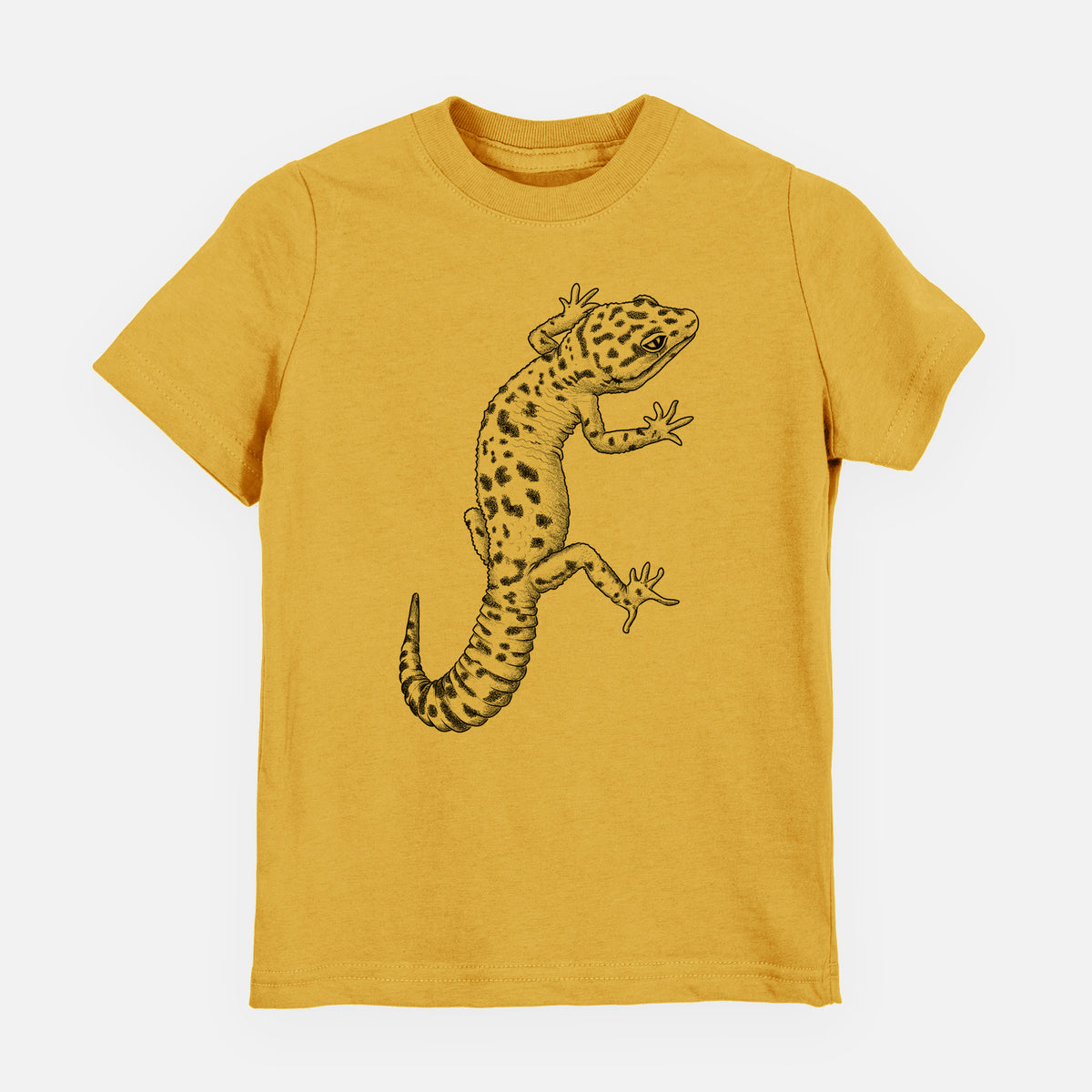 Honeycomb yellow youth t-shirt laid flat, printed with a detailed black ink illustration of a spotted leopard gecko climbing.