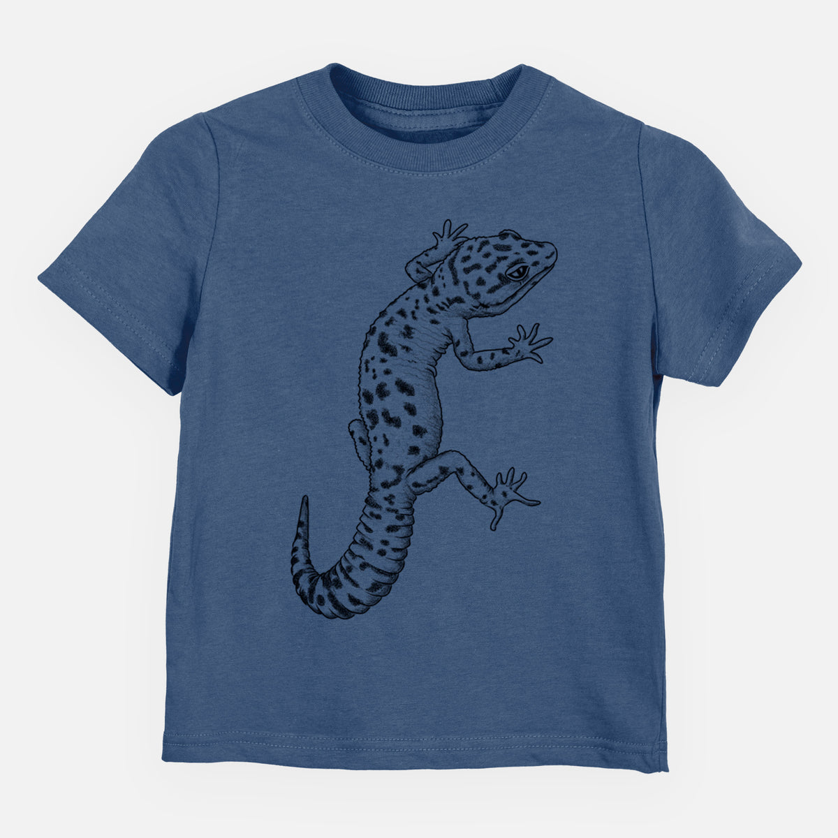 Indigo blue toddler t-shirt laid flat, printed with a detailed black ink illustration of a spotted leopard gecko climbing.