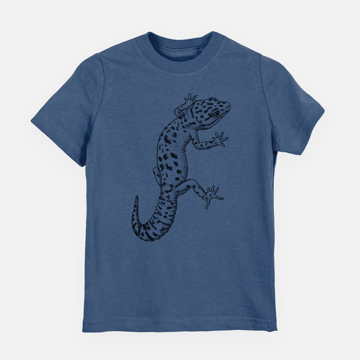 Indigo blue youth t-shirt laid flat, printed with a detailed black ink illustration of a spotted leopard gecko climbing.