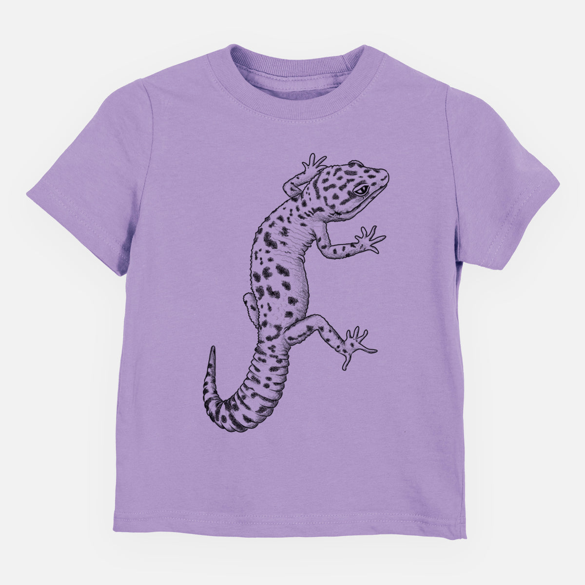 Lavender toddler t-shirt laid flat, printed with a detailed black ink illustration of a spotted leopard gecko climbing.
