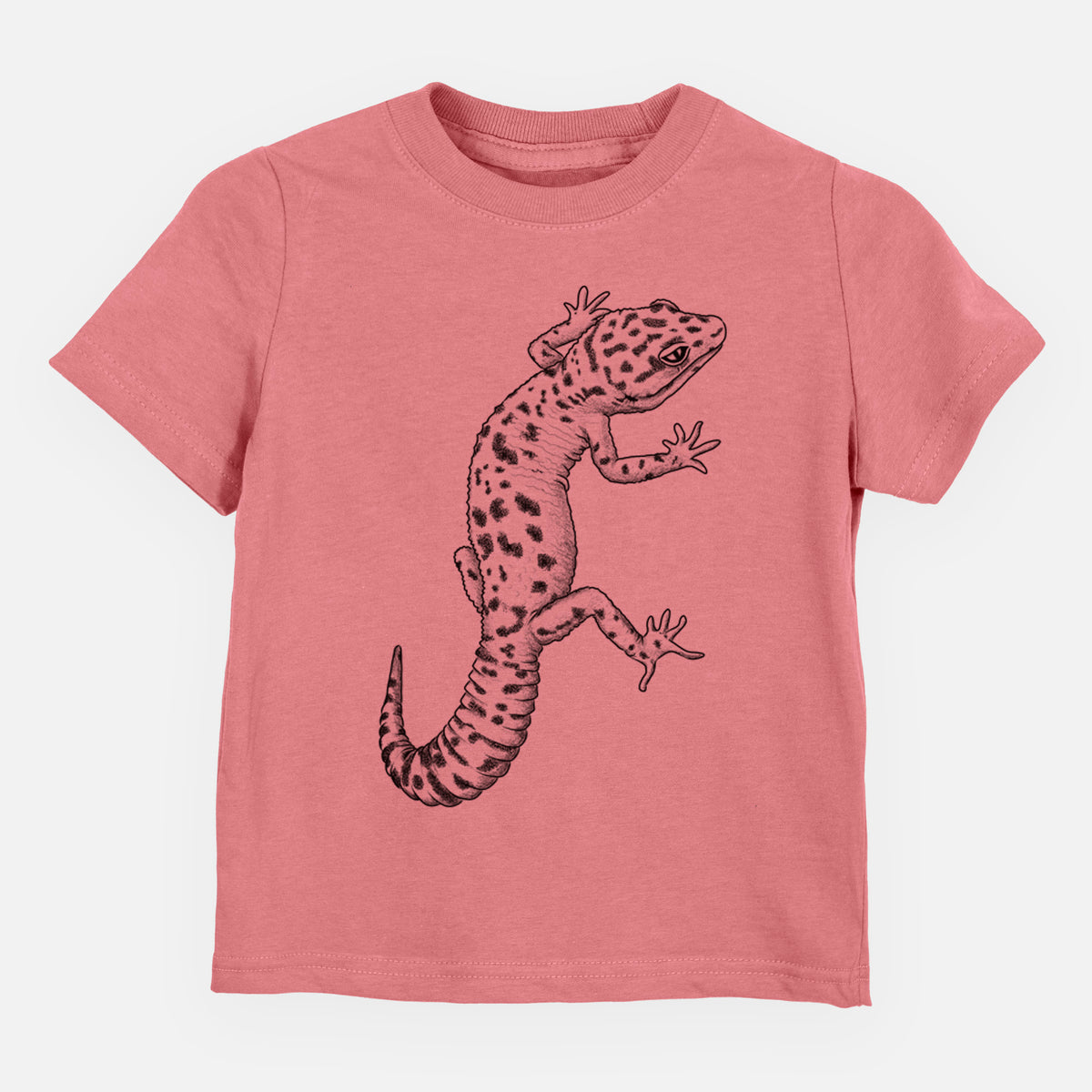 Mauve pink toddler t-shirt laid flat, printed with a detailed black ink illustration of a spotted leopard gecko climbing.
