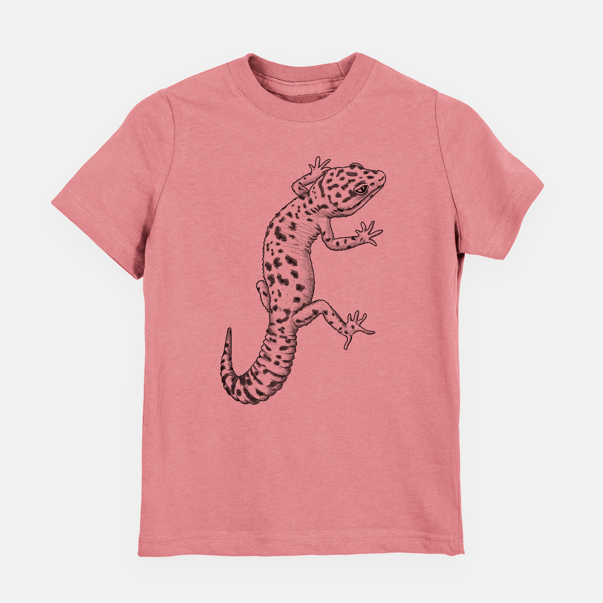 Mauve pink youth t-shirt laid flat, printed with a detailed black ink illustration of a spotted leopard gecko climbing.